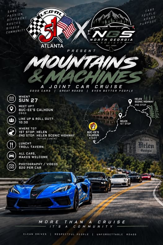 Flyer for Mountains & Machines - A Joint Car Cruise