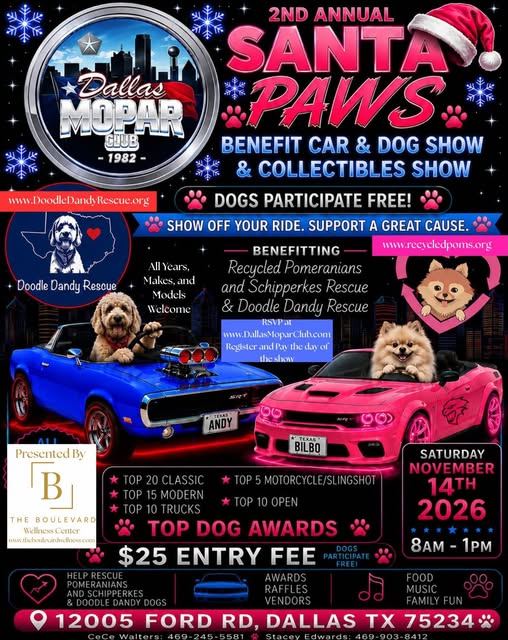 Flyer for 2nd Annual Santa Paws Benefit Car & Dog Show & Collectibles Show