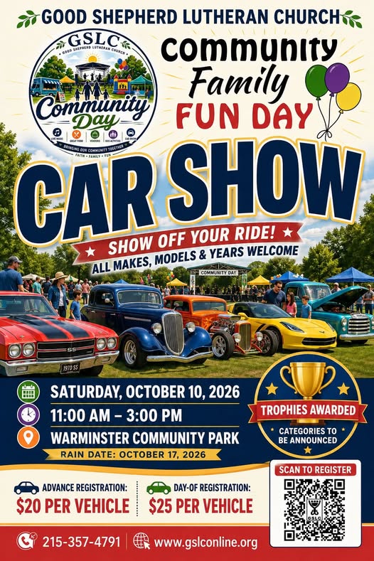 Flyer for Good Shepherd Lutheran Church Community Family Fun Day Car Show