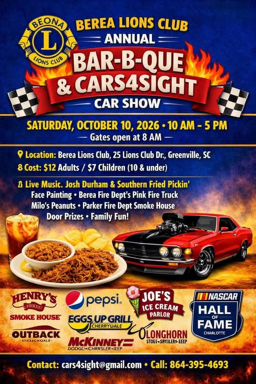 Flyer for Berea Lions Club Annual Bar-B-Que & Cars4Sight Car Show