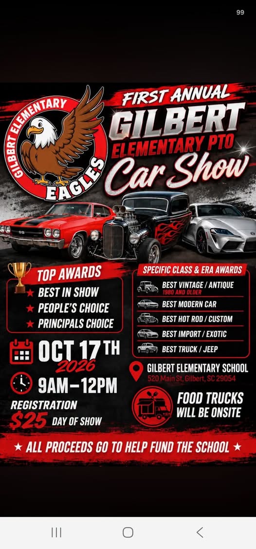 Flyer for First Annual Gilbert Elementary PTO Car Show
