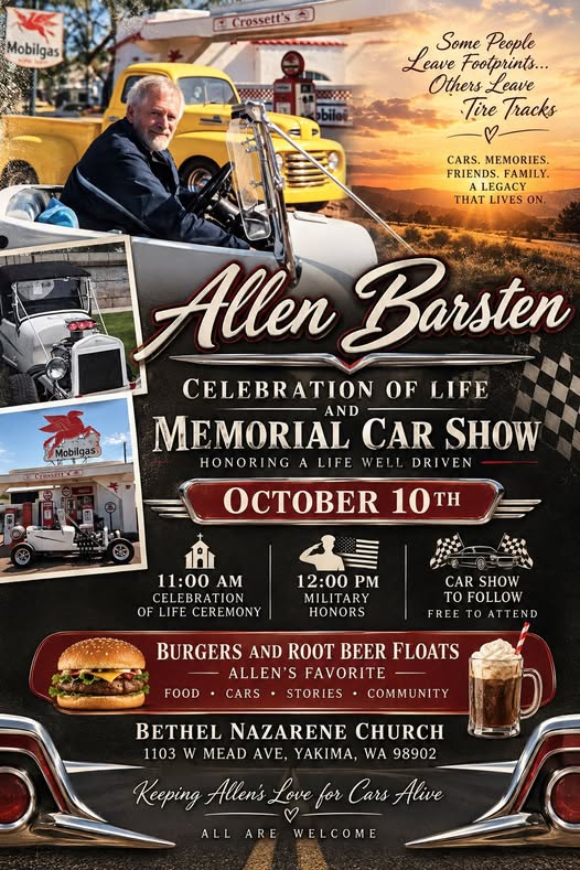 Flyer for Allen Barsten Celebration of Life and Memorial Car Show