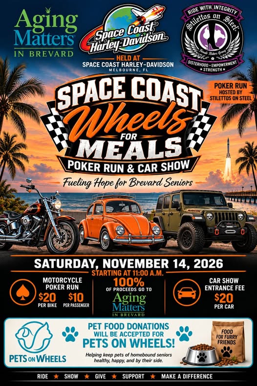 Flyer for Space Coast Wheels for Meals Poker Run & Car Show