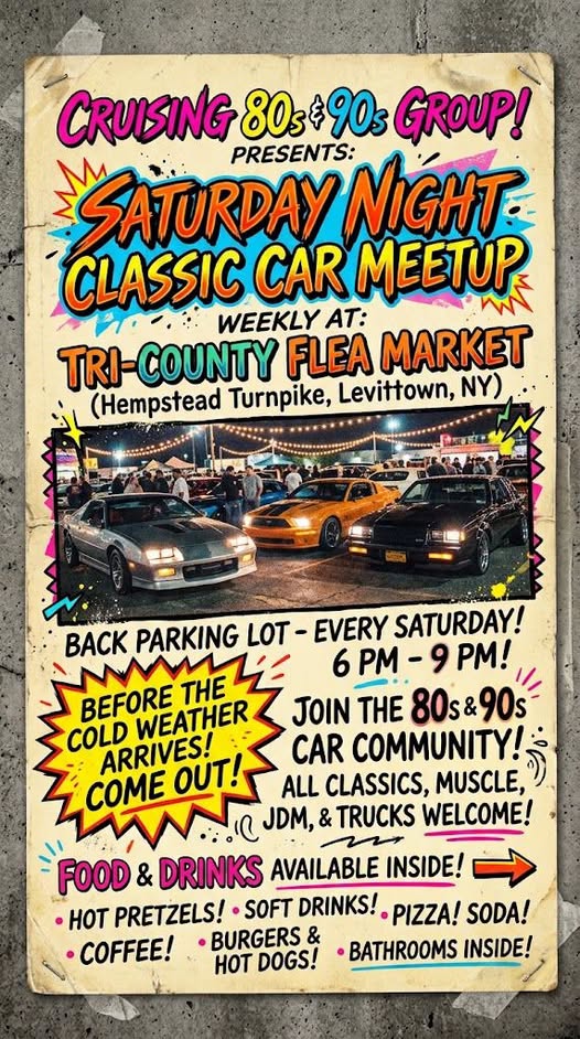 Flyer for Saturday Night Classic Car Meetup