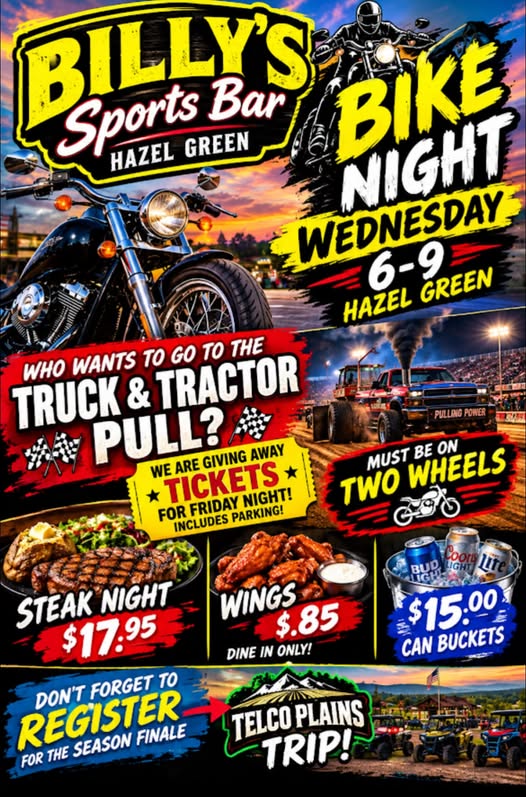 Flyer for Billy's Sports Bar Bike Night