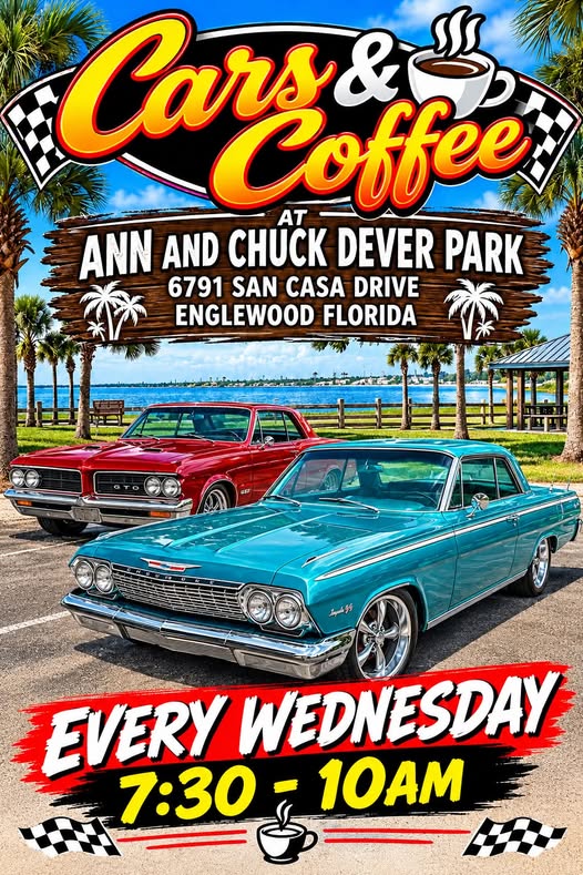 Flyer for Cars & Coffee at Ann and Chuck Dever Park