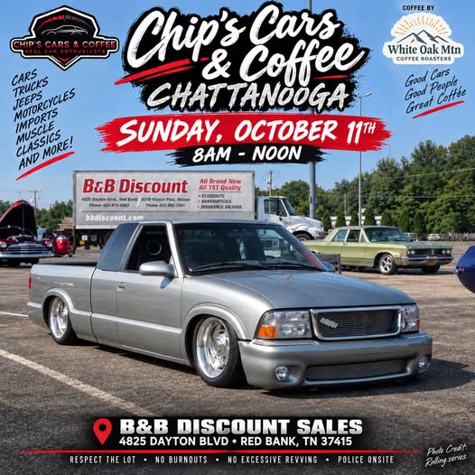 Flyer for Chip's Cars & Coffee Chattanooga