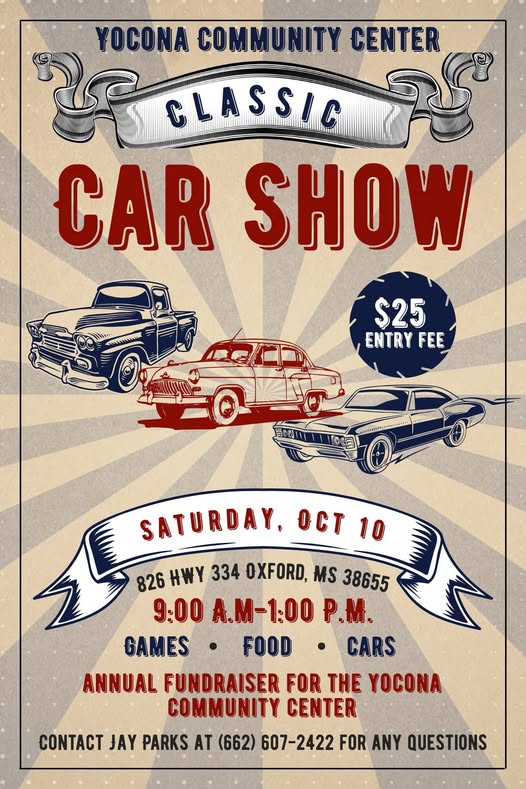 Flyer for Yocona Community Center Classic Car Show