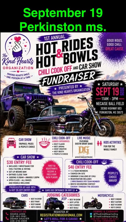 Flyer for 1st Annual Hot Rides & Hot Bowls Chili Cook Off and Car Show Fundraiser