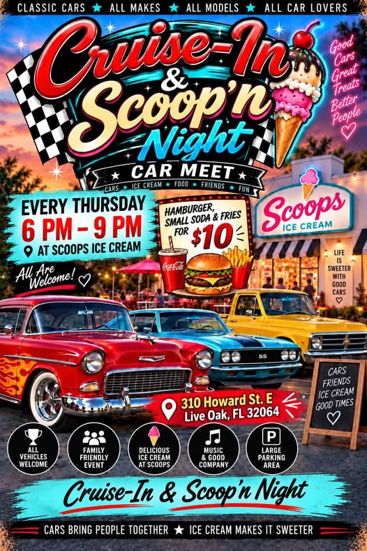 Flyer for Cruise-In & Scoop'n Night
