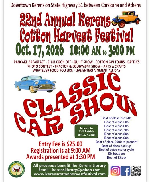 Flyer for 22nd Annual Kerens Cotton Harvest Festival Classic Car Show