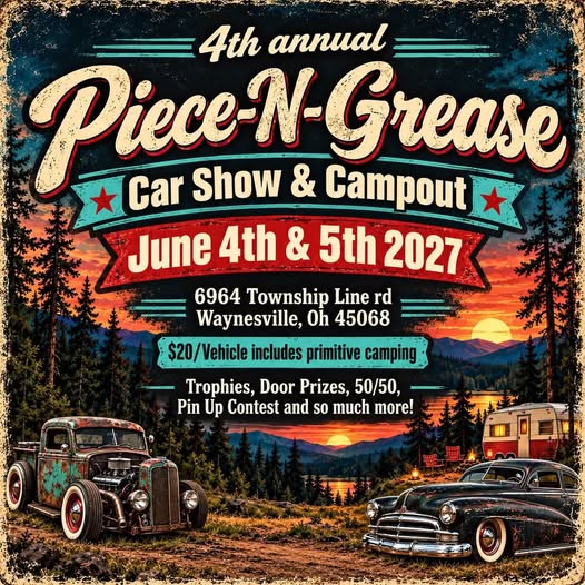 Flyer for 4th Annual Piece-N-Grease Car Show & Campout