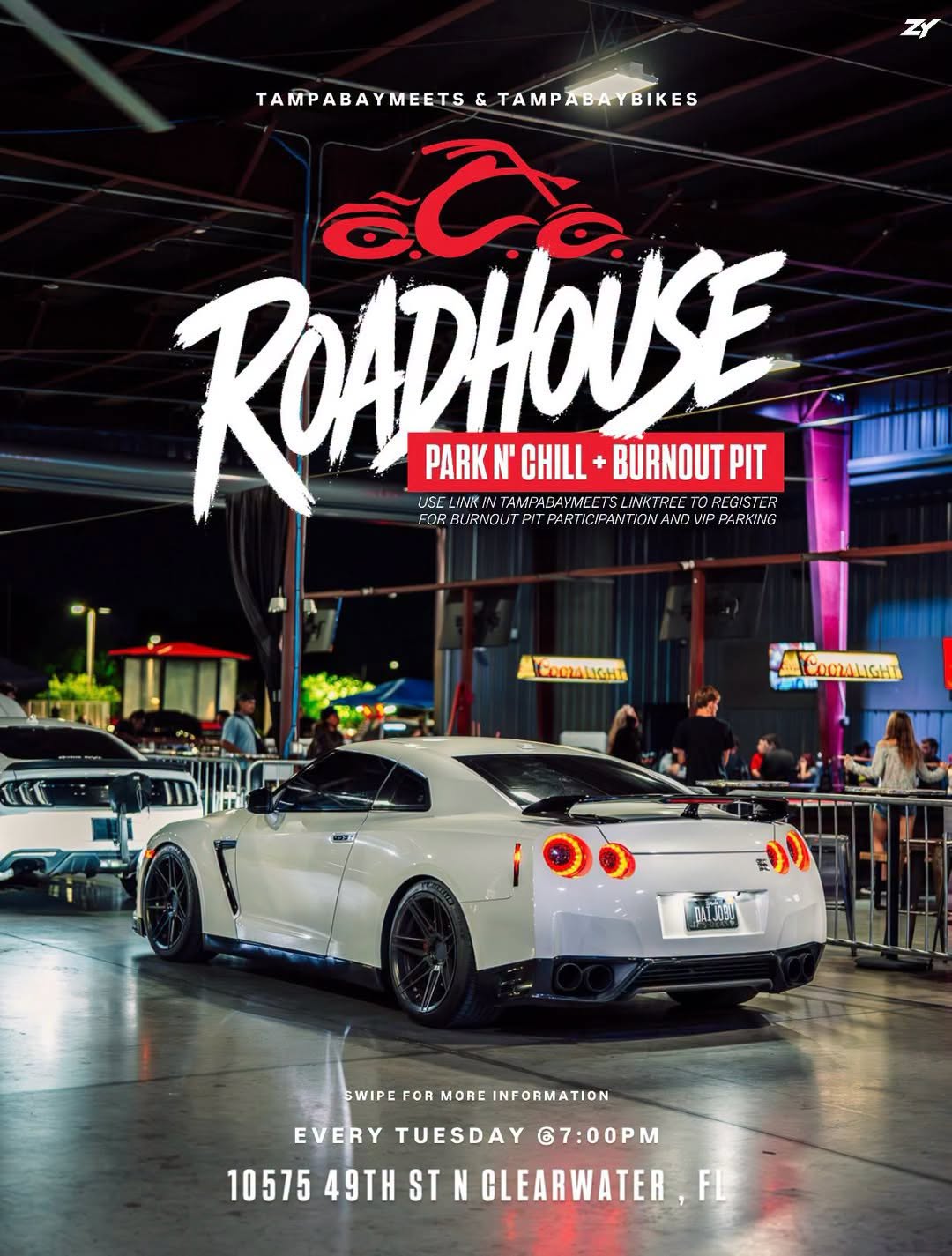 Flyer for Roadhouse Park N' Chill + Burnout Pit