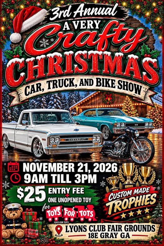 Flyer for 3rd Annual A Very Crafty Christmas Car, Truck, and Bike Show