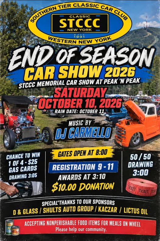Flyer for End of Season Car Show 2026 - STCCC Memorial Car Show at Peak 'n Peak