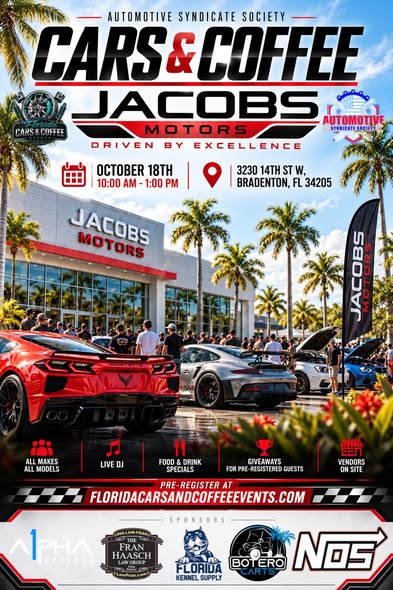 Flyer for Cars & Coffee at Jacobs Motors