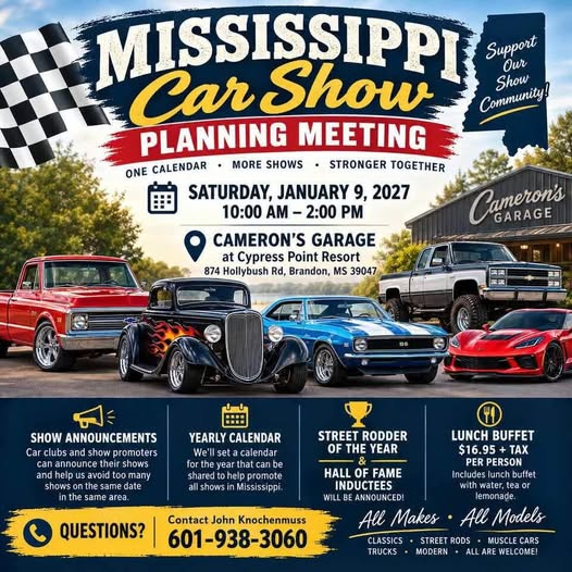 Flyer for Mississippi Car Show Planning Meeting