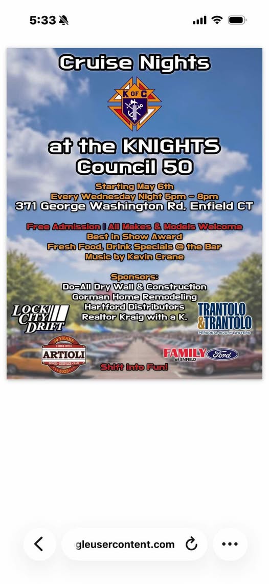 Flyer for Cruise Nights at the KNIGHTS Council 50