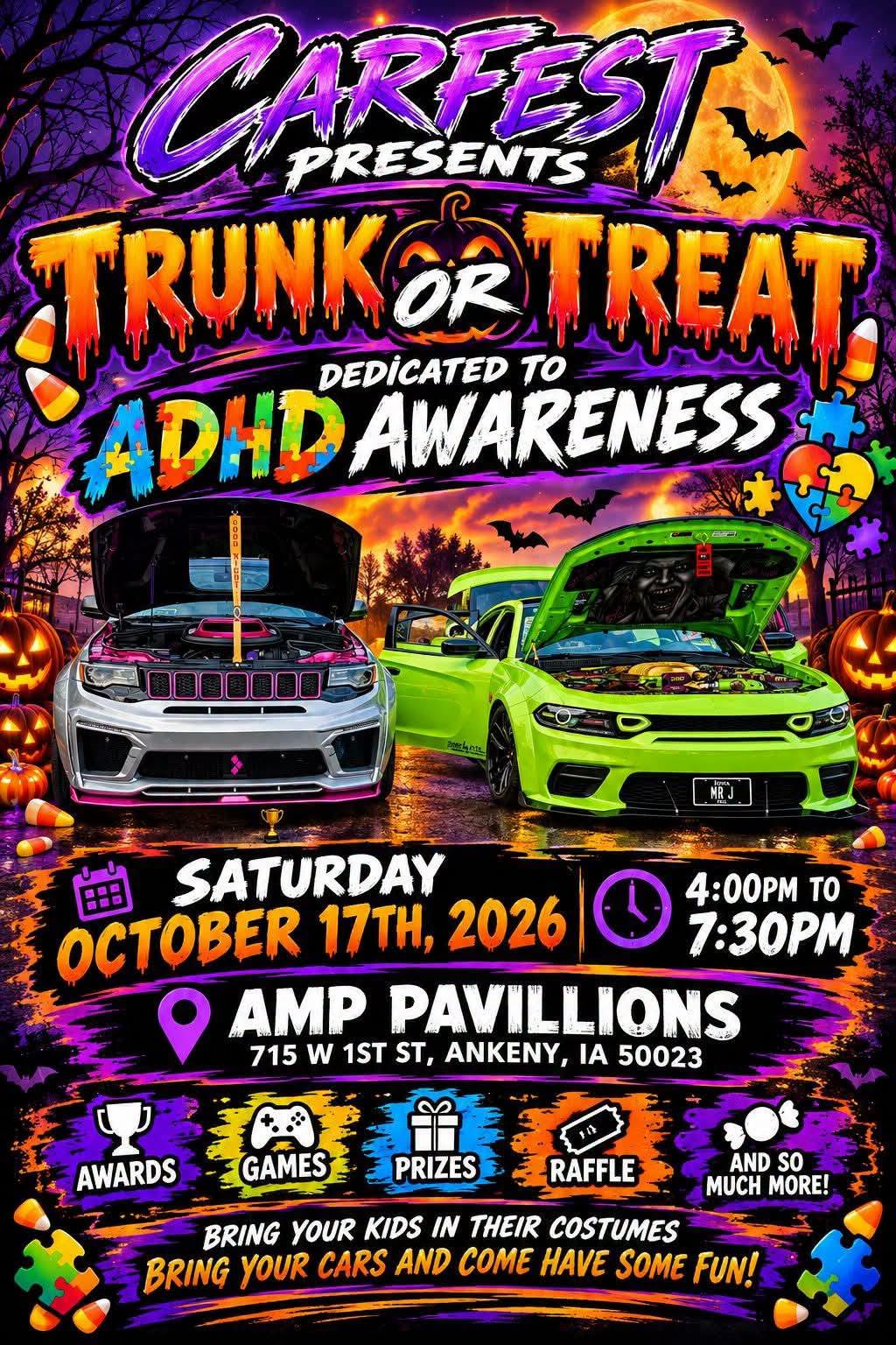 Flyer for CarFest Presents Trunk or Treat Dedicated to ADHD Awareness