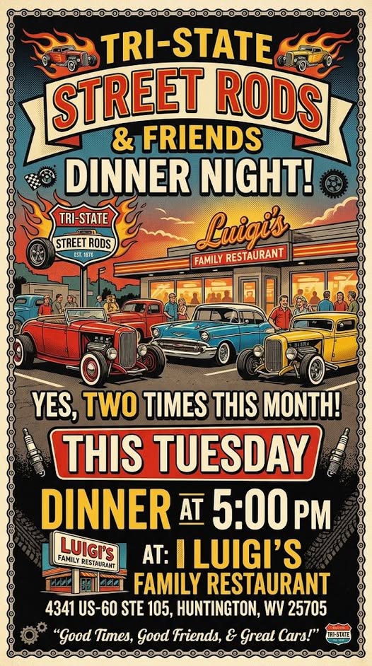 Flyer for Tri-State Street Rods & Friends Dinner Night