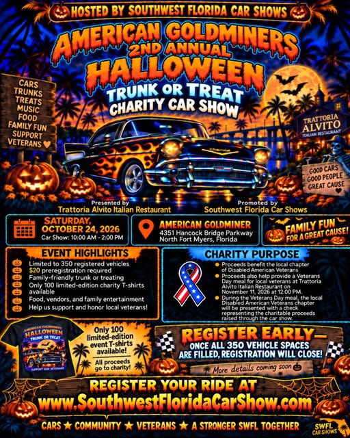 Flyer for American Goldminers 2nd Annual Halloween Trunk or Treat Charity Car Show