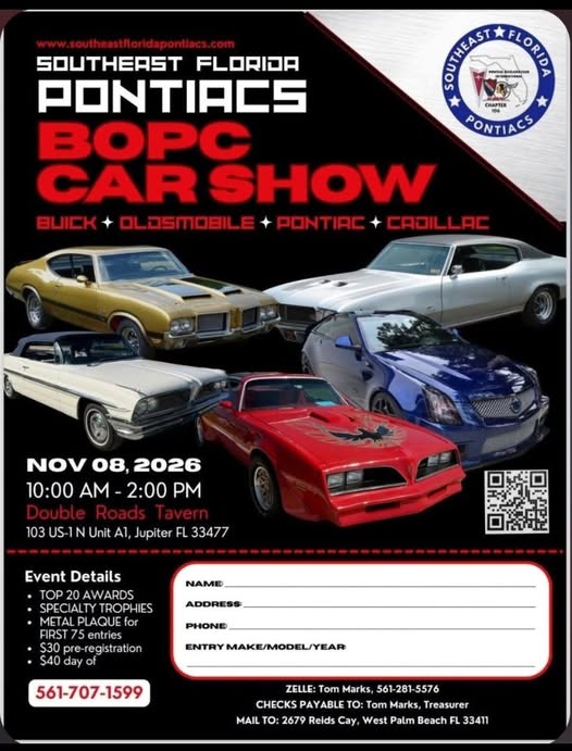 Flyer for Southeast Florida Pontiacs BOPC Car Show