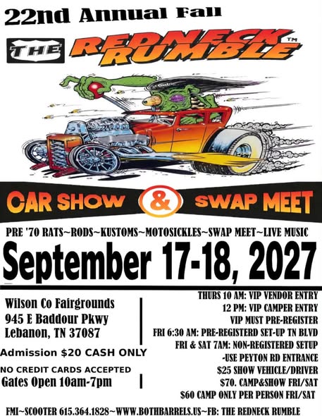 Flyer for 22nd Annual Fall The Rednecks Car Show & Swap Meet