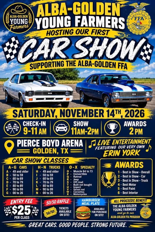 Flyer for Alba-Golden Young Farmers First Car Show