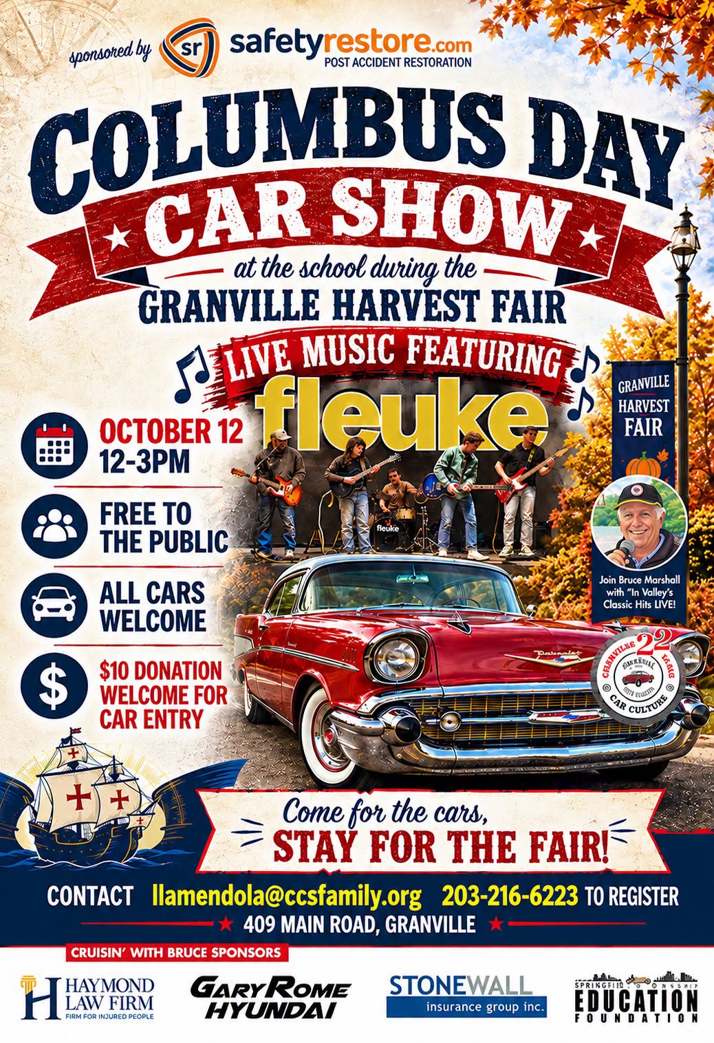 Flyer for Columbus Day Car Show at the School during the Granville Harvest Fair