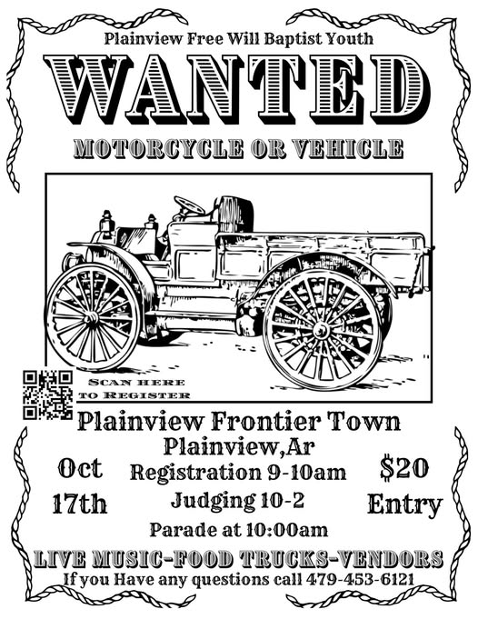 Flyer for Plainview Free Will Baptist Youth Wanted Motorcycle or Vehicle