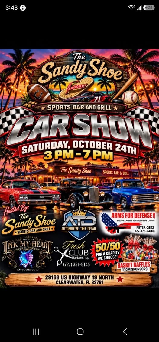Flyer for The Sandy Shoe Sports Bar and Grill Car Show