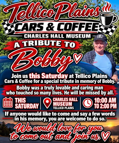 Flyer for Tellico Plains Cars & Coffee - A Tribute to Bobby