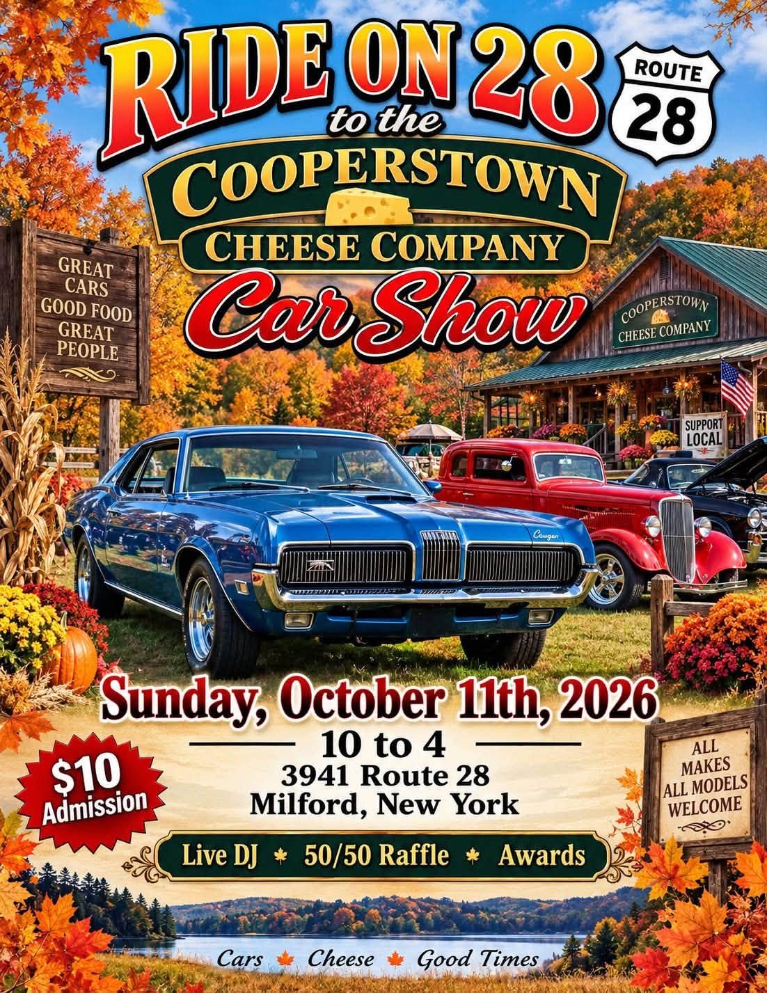 Flyer for Ride on 28 to the Cooperstown Cheese Company Car Show