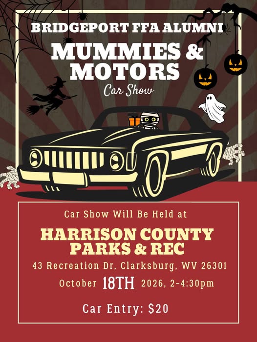 Flyer for Bridgeport FFA Alumni Mummies & Motors Car Show