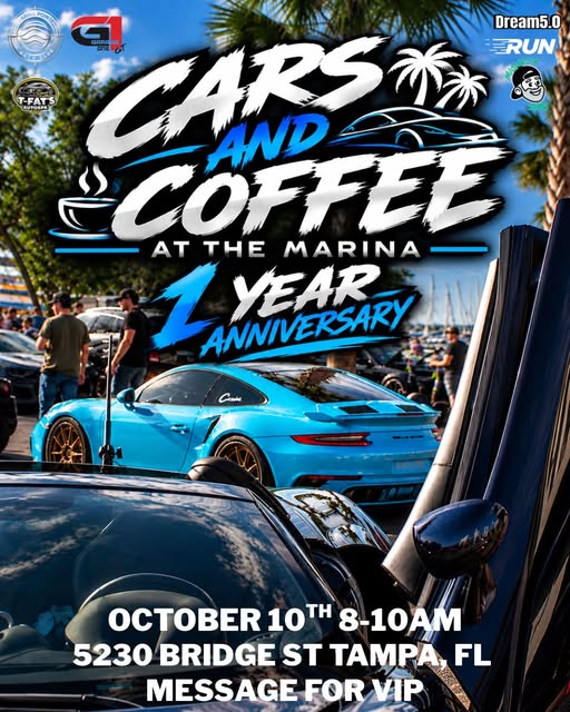 Flyer for Cars and Coffee at the Marina 1 Year Anniversary