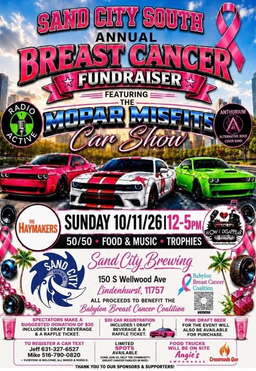 Flyer for Sand City South Annual Breast Cancer Fundraiser featuring the Mopar Misfits Car Show