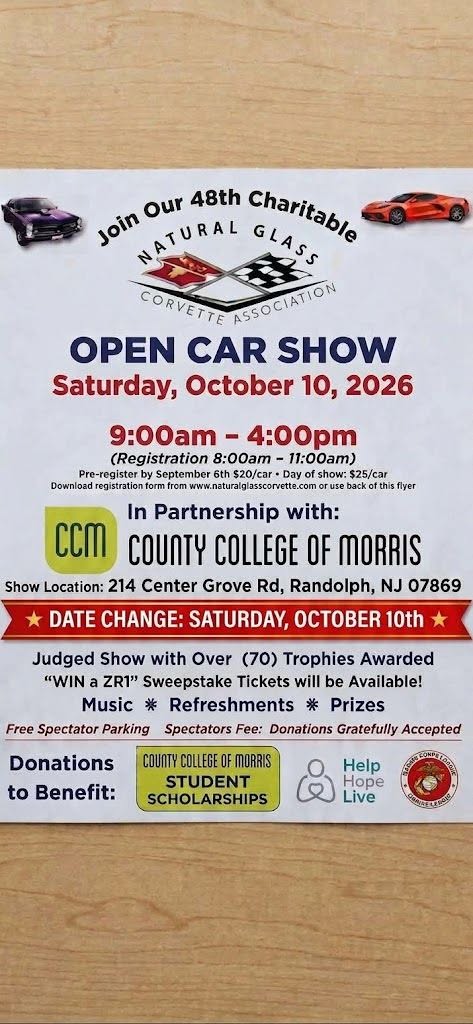Flyer for Natural Glass Corvette Association 48th Charitable Open Car Show