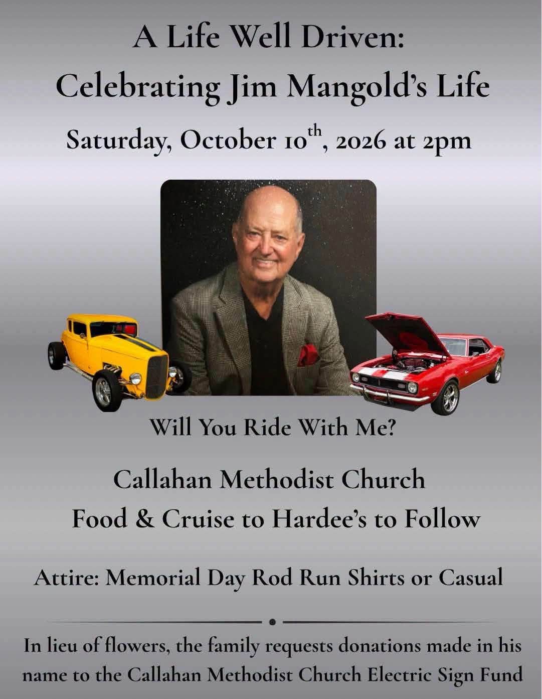 Flyer for A Life Well Driven: Celebrating Jim Mangold's Life