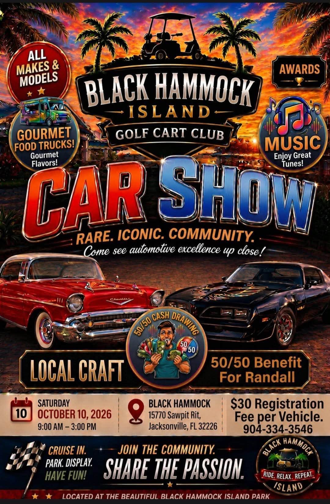 Flyer for Black Hammock Island Golf Cart Club Car Show