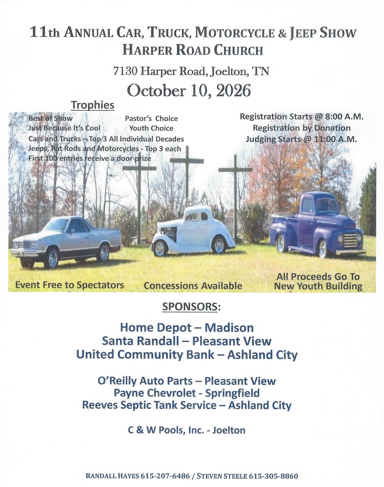 Flyer for 11th Annual Car, Truck, Motorcycle & Jeep Show Harper Road Church