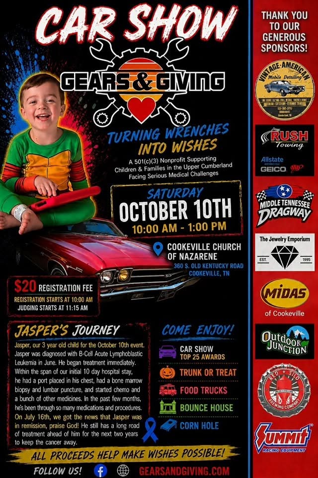 Flyer for Gears & Giving Car Show - Turning Wrenches Into Wishes