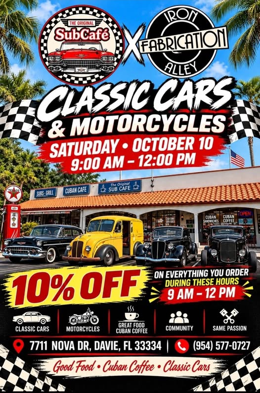Flyer for SubCafé & Iron Fabrication Alley Classic Cars & Motorcycles