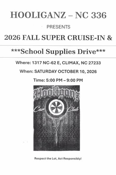 Flyer for 2026 Fall Super Cruise-In & School Supplies Drive
