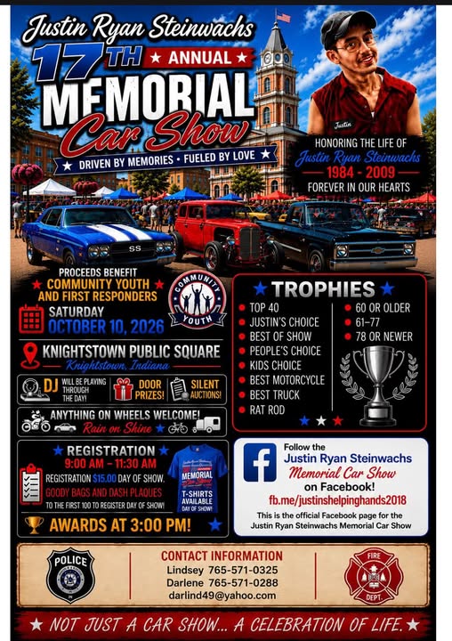 Flyer for Justin Ryan Steinwachs 17th Annual Memorial Car Show