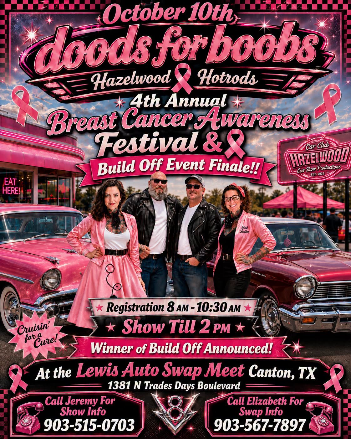 Flyer for Doods For Boobs - Hazelwood Hotrods 4th Annual Breast Cancer Awareness Festival & Build Off Event Finale