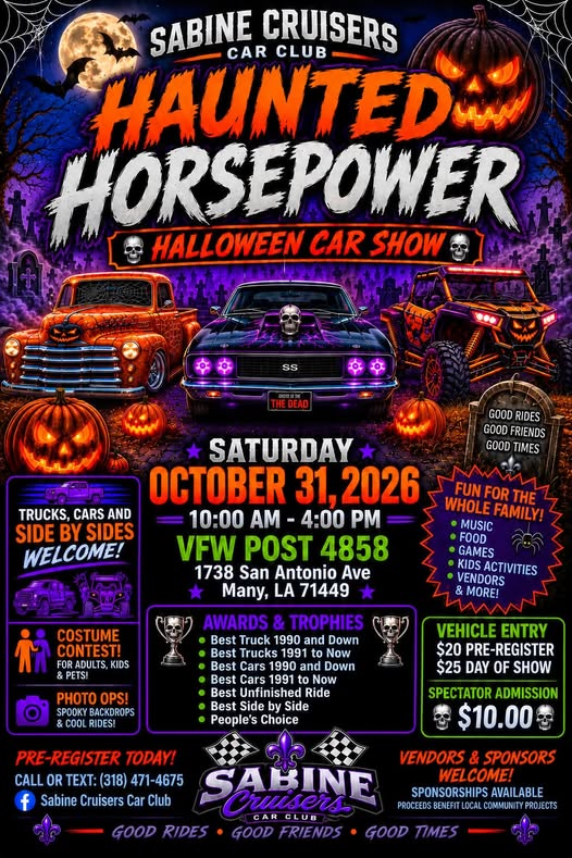 Flyer for Sabine Cruisers Car Club Haunted Horsepower Halloween Car Show