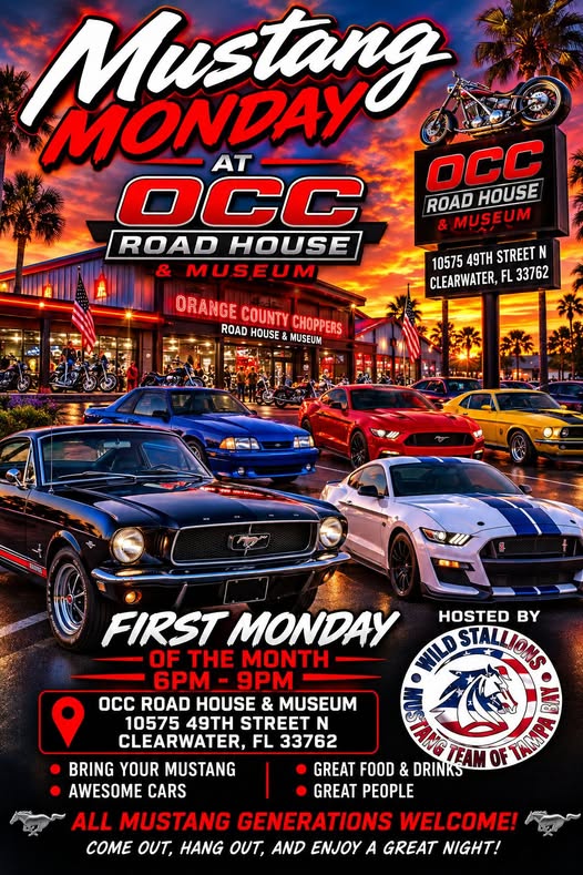 Flyer for Mustang Monday at OCC Road House & Museum