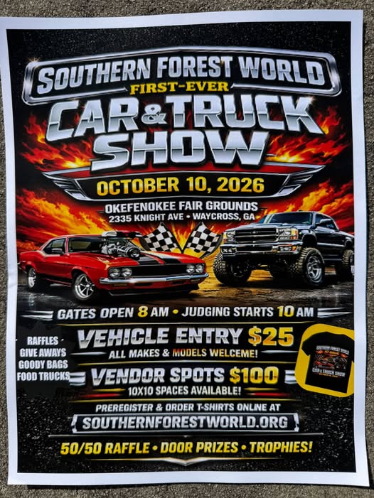 Flyer for Southern Forest World First-Ever Car & Truck Show