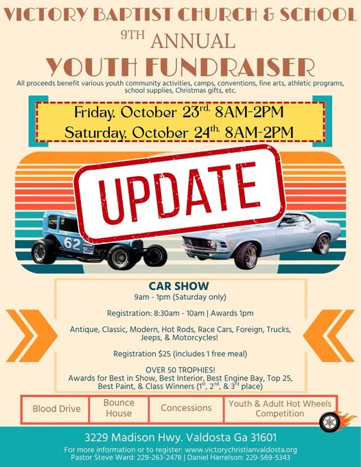 Flyer for Victory Baptist Church & School 9th Annual Youth Fundraiser Car Show