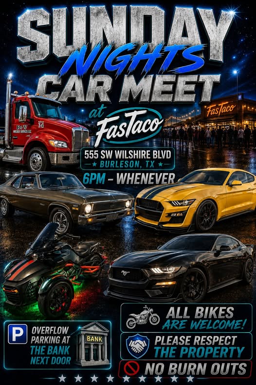 Flyer for Sunday Nights Car Meet at Fastaco